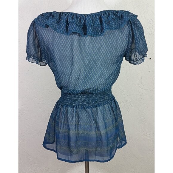 Suzy Shier Top Small Multicolor Geometric Ruffle Neckline Floral Sheer - Picture 3 of 5